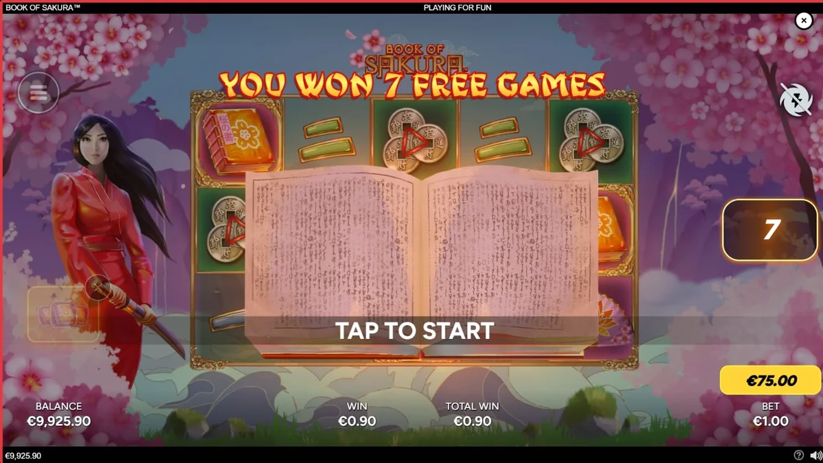 Cenário sereno de cerejeiras em flor com elementos do slot Book of Sakura