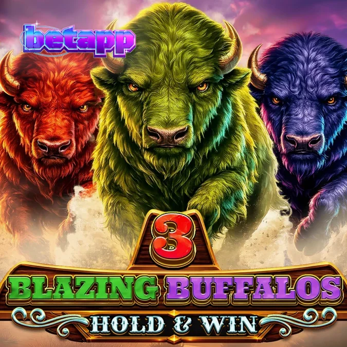 Interface do jogo 3 Blazing Buffalos: Hold & Win com búfalos neon e grid de jogo.